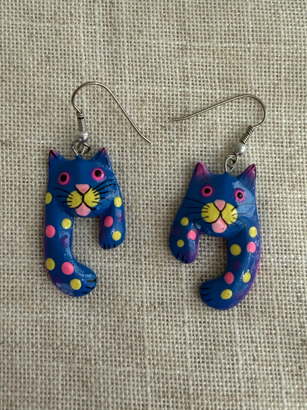 Cat Handmade Painted Wooden Polka Dot Earrings - Picture 2 of 3